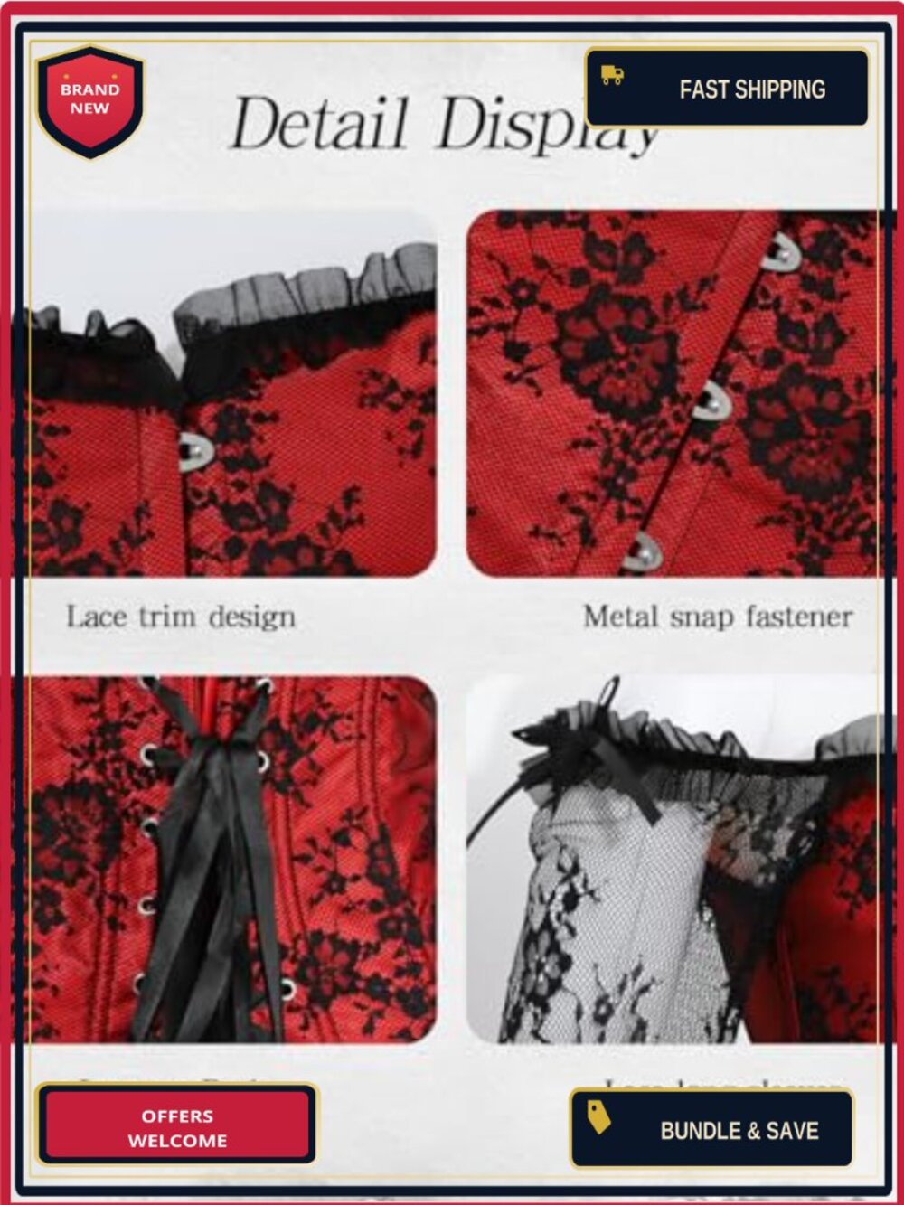 Emprier Women's Lace Corset Top Gothic Long Sleeve Bustier Off Shoulder - Picture 3 of 5